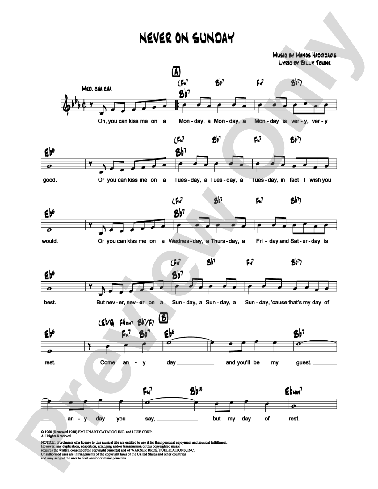 Never on Sunday: Lead Sheet Digital Sheet Music