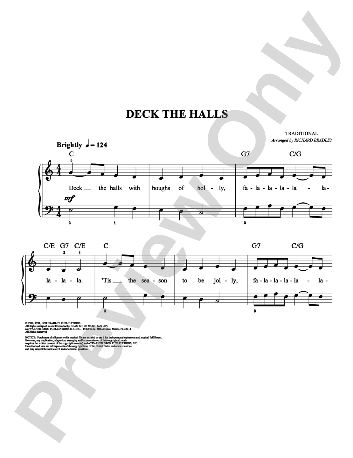 Deck the Halls: Easy Piano Digital Sheet Music