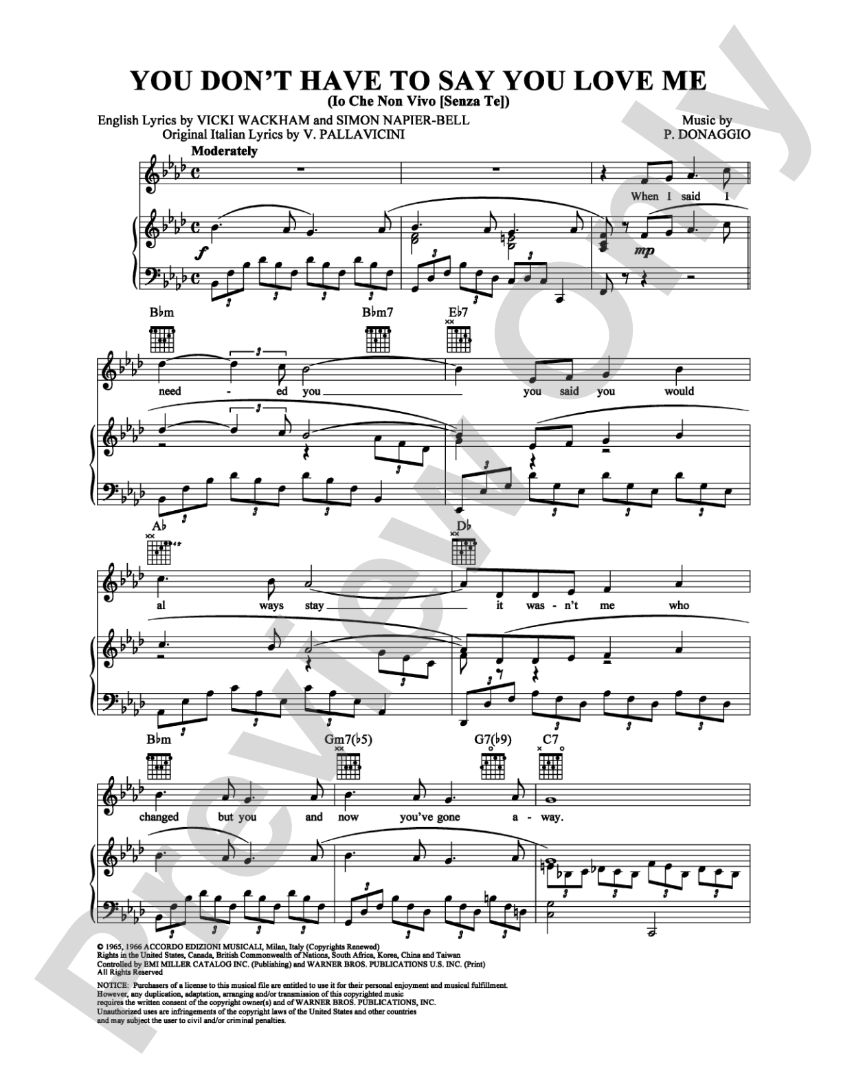 You Don't Have To Say You Love Me: Piano/Vocal/Chords Digital Sheet Music
