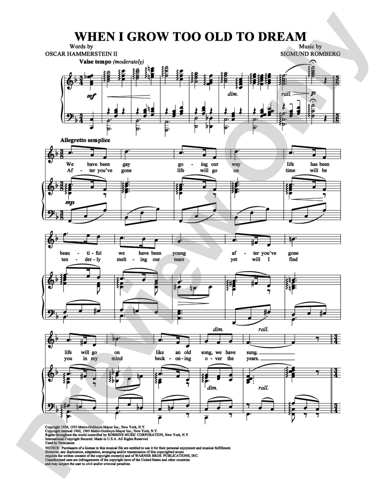 When I Grow Too Old to Dream: Piano/Vocal/Chords Digital Sheet Music