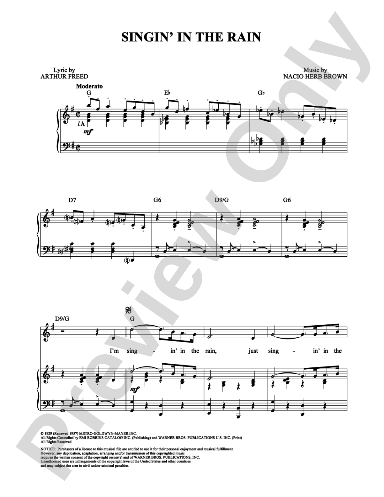 Singin' In The Rain: Piano/Vocal/Chords Digital Sheet Music