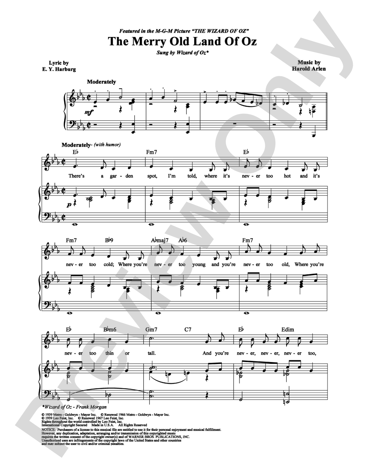 The Merry Old Land of Oz: Piano/Vocal/Chords Digital Sheet Music