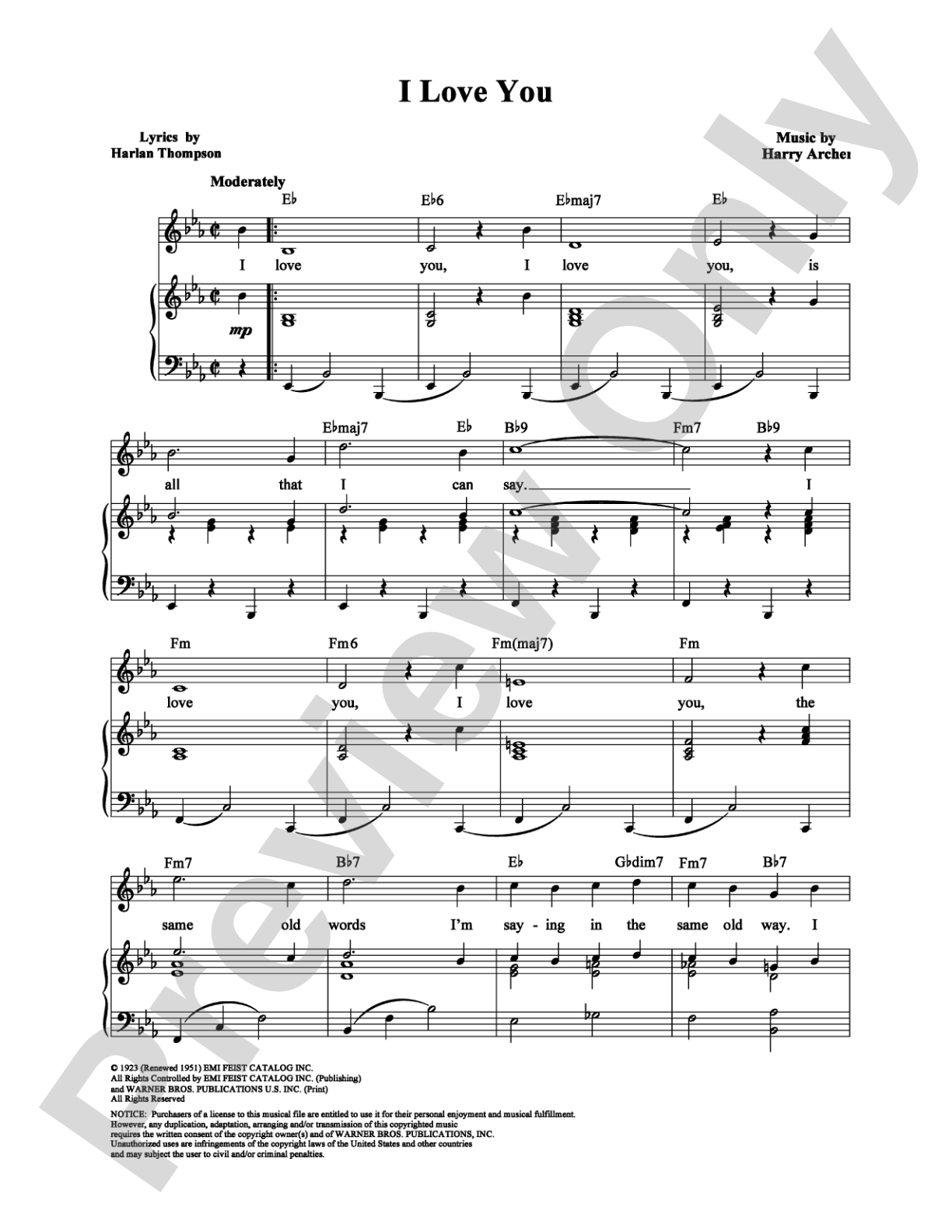 I Love You: Piano/Vocal/Chords Digital Sheet Music