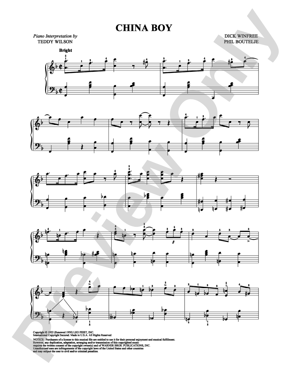 China Boy: Piano Digital Sheet Music