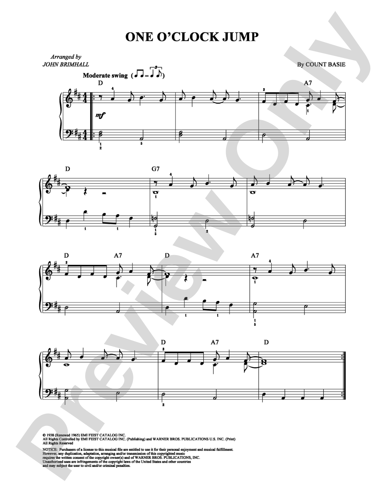 One O'Clock Jump: Easy Piano Digital Sheet Music