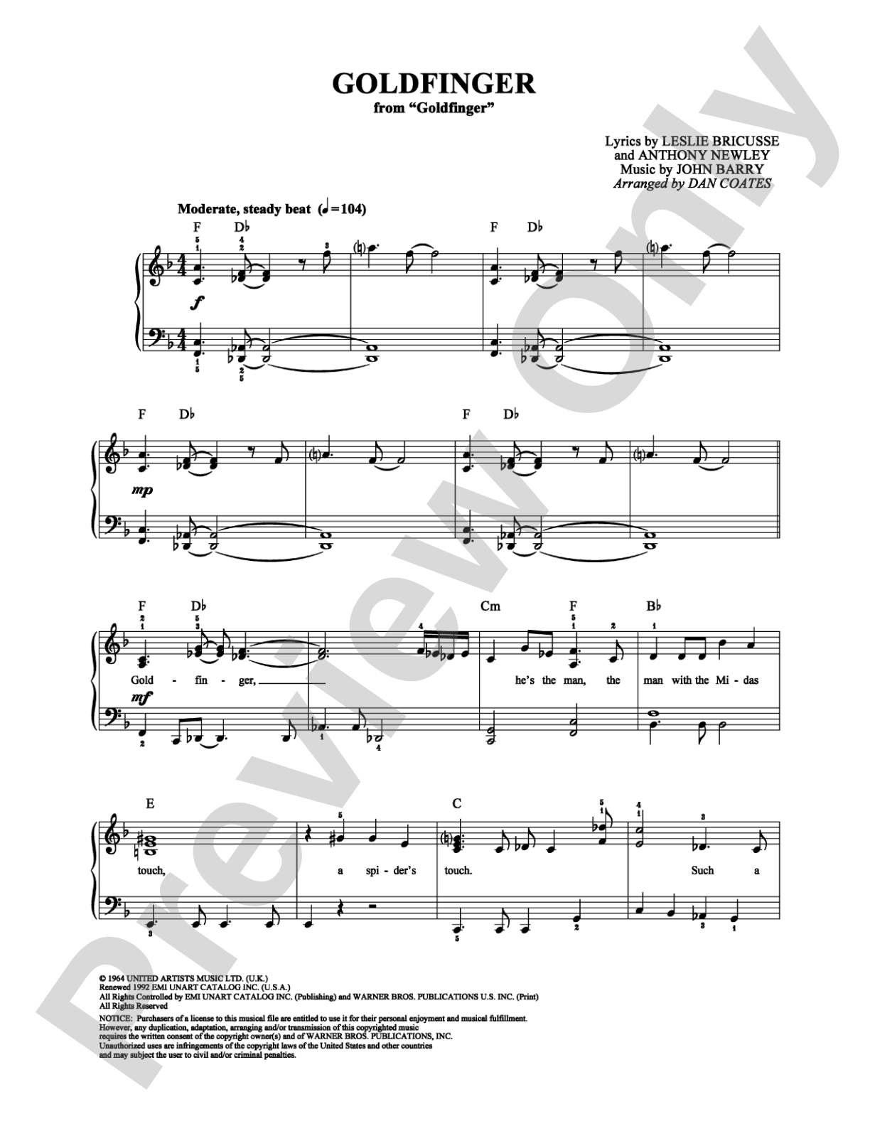 Goldfinger: Easy Piano Digital Sheet Music