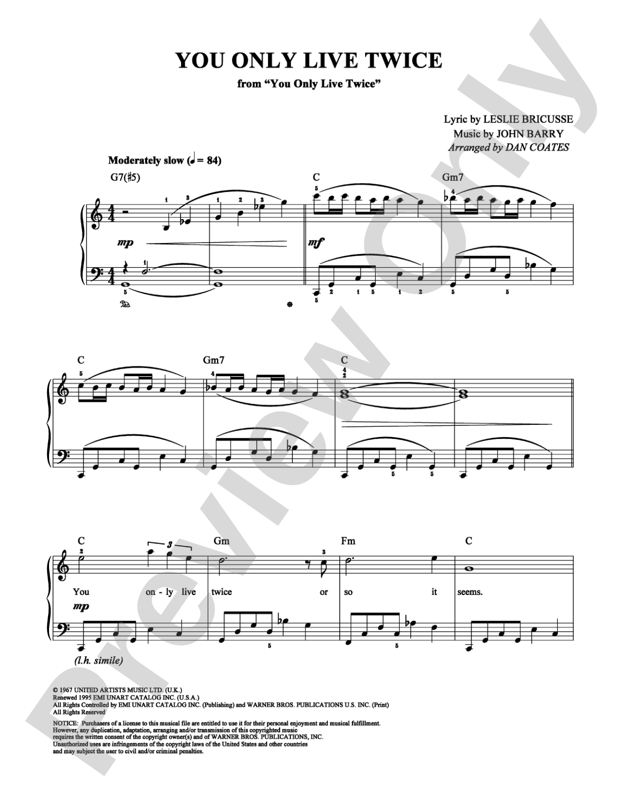 You Only Live Twice: Easy Piano Digital Sheet Music