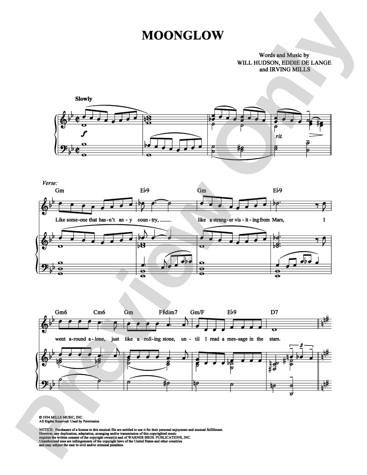 Moonglow: Piano/Vocal/Chords Digital Sheet Music
