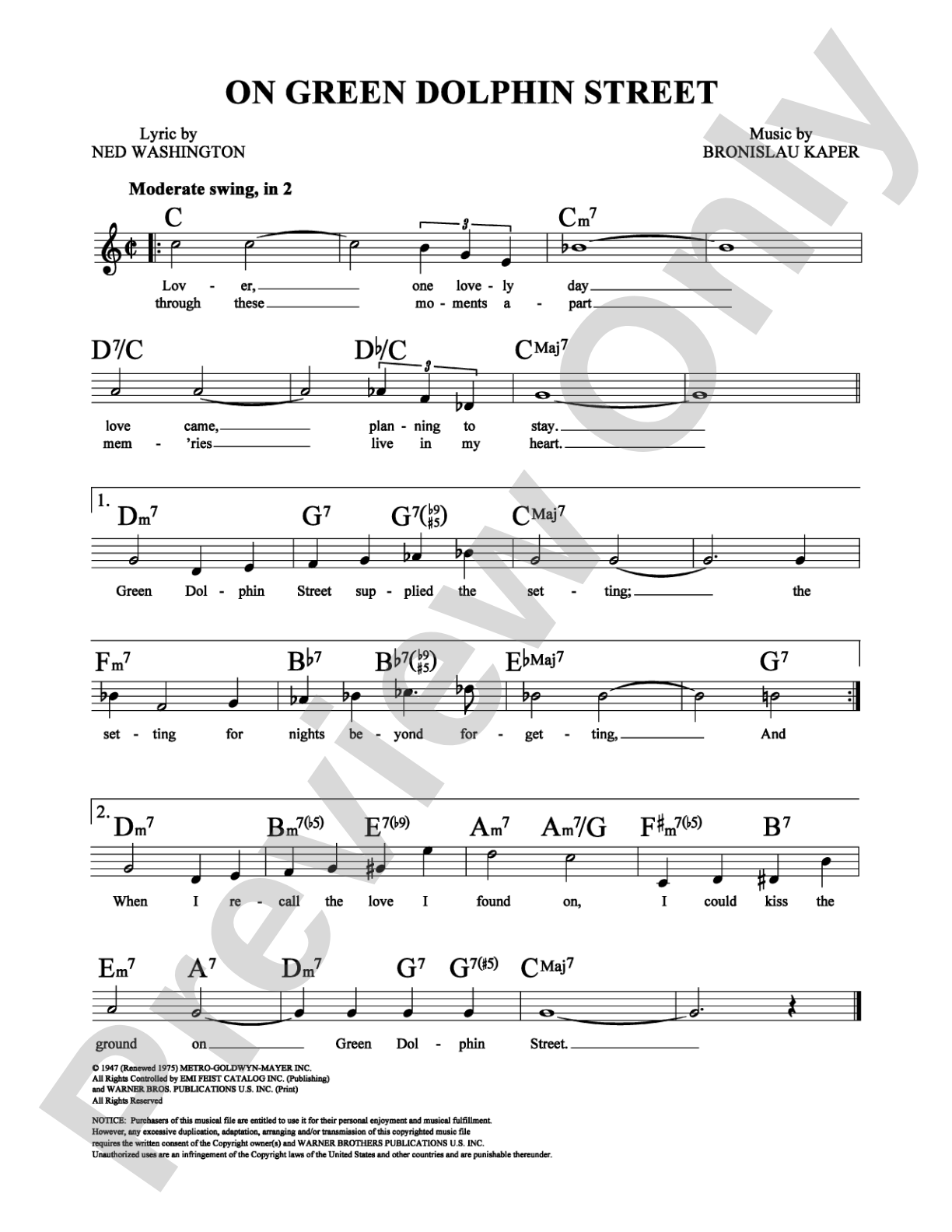 On Green Dolphin Street: Lead Sheet Digital Sheet Music