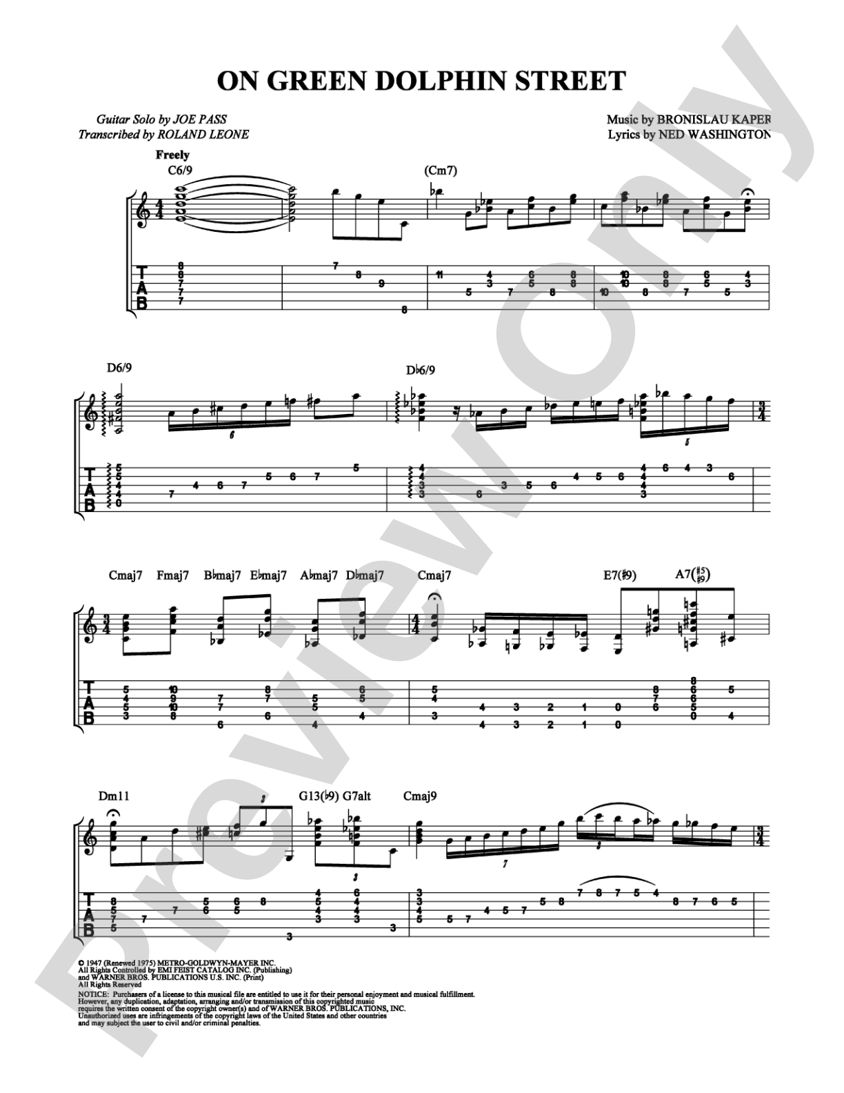 On Green Dolphin Street: Guitar TAB Digital Sheet Music – alfred.com