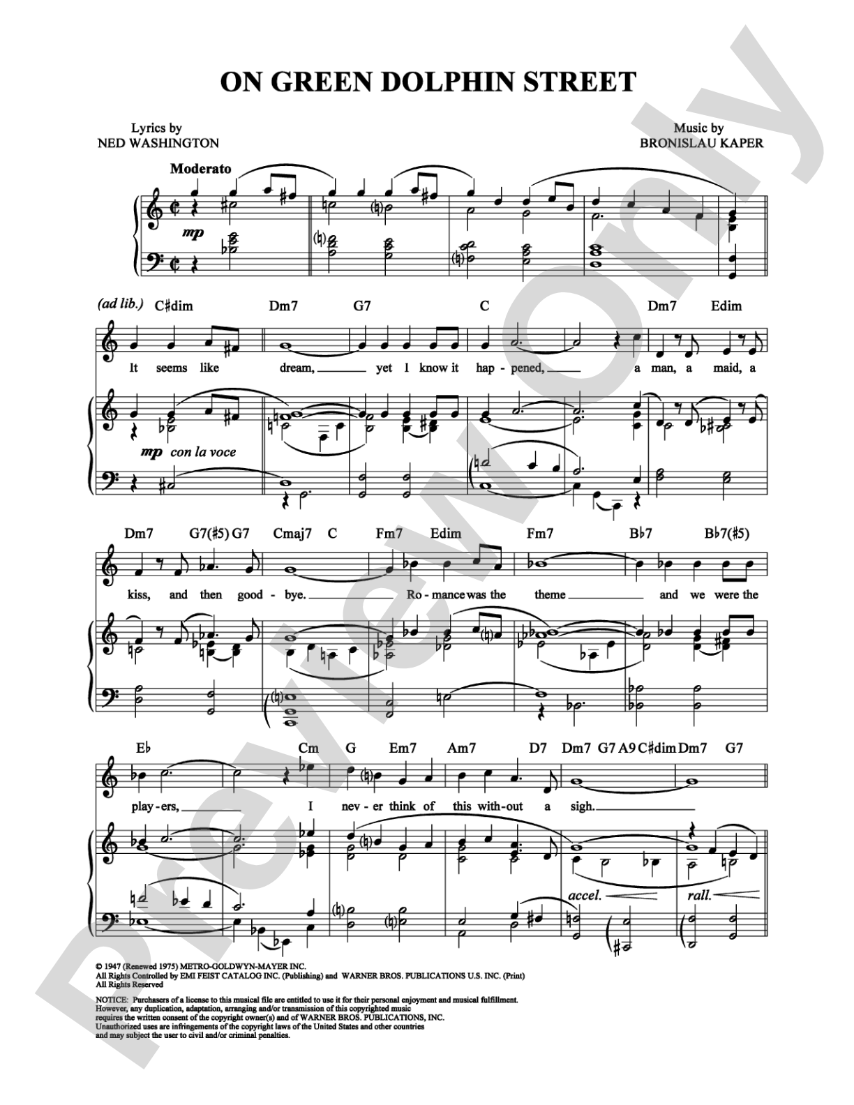 On Green Dolphin Street: Piano/Vocal/Chords Digital Sheet Music