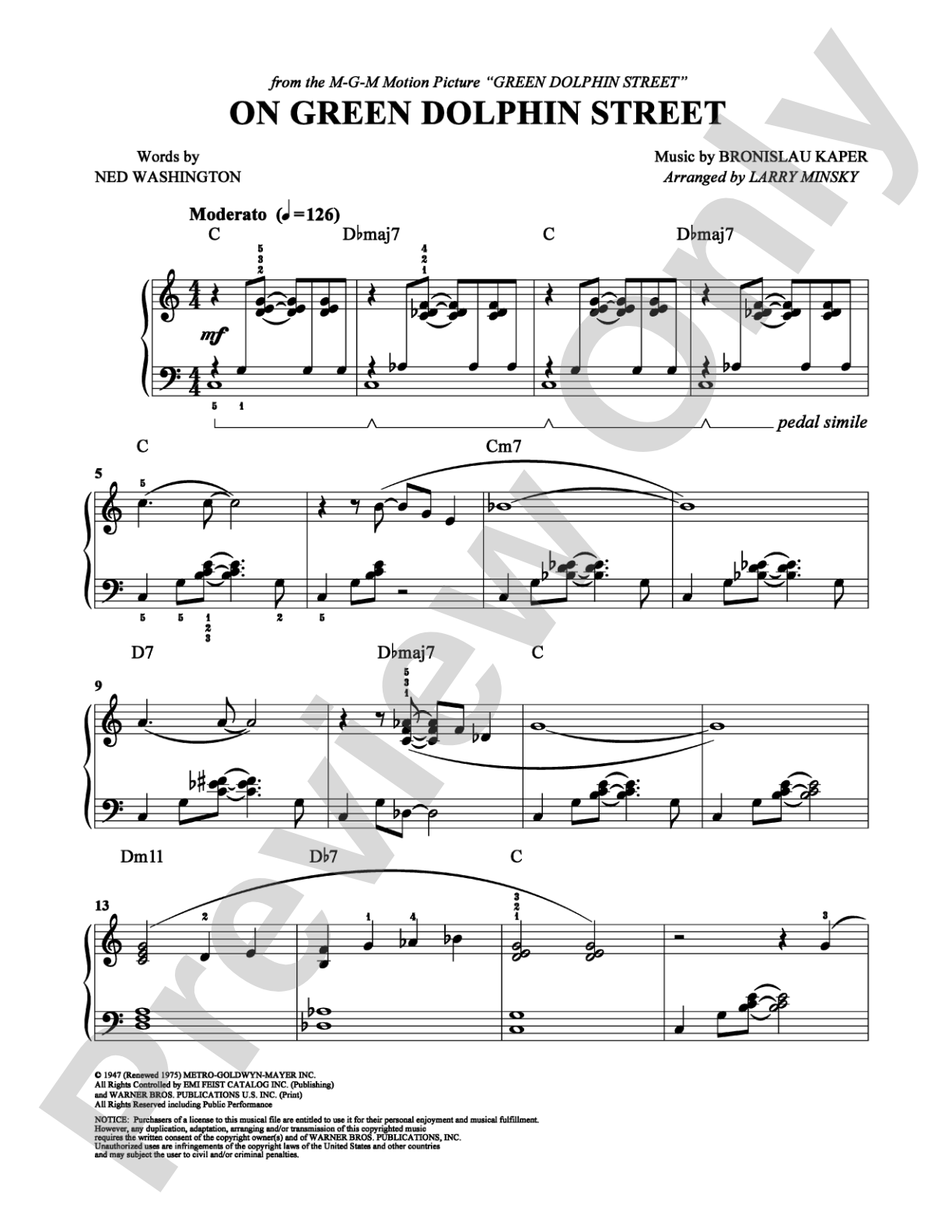 On Green Dolphin Street: Easy Piano Digital Sheet Music