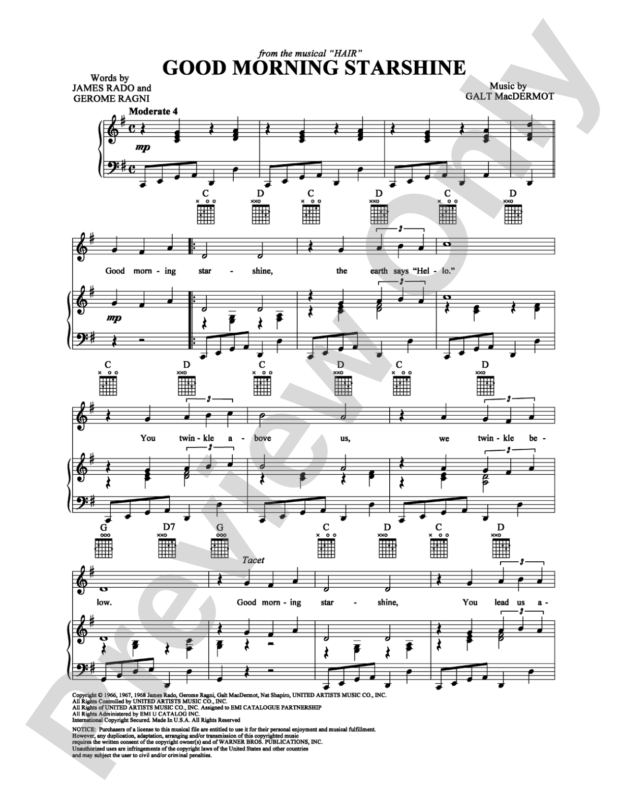 Good Morning Starshine: Piano/Vocal/Chords Digital Sheet Music