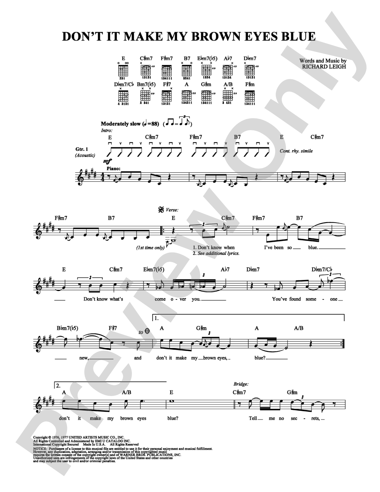 Don't It Make My Brown Eyes Blue: Lead Sheet Digital Sheet Music