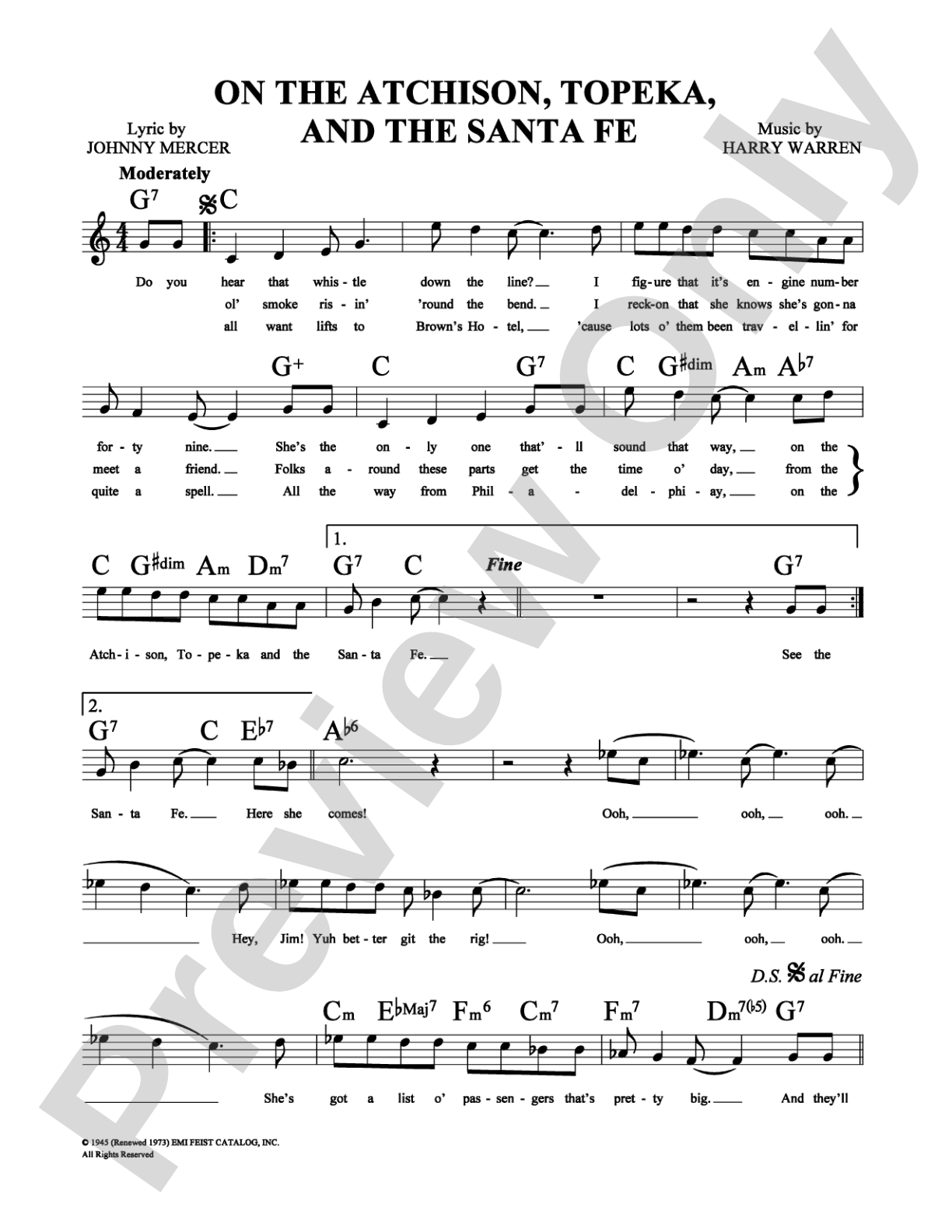 On the Atchison, Topeka, and the Santa Fe: Lead Sheet Digital Sheet Music