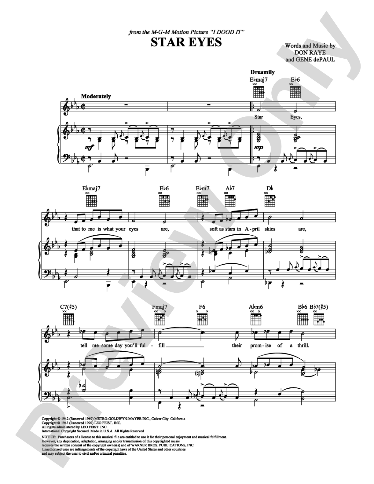 Star Eyes: Piano/Vocal/Chords Digital Sheet Music