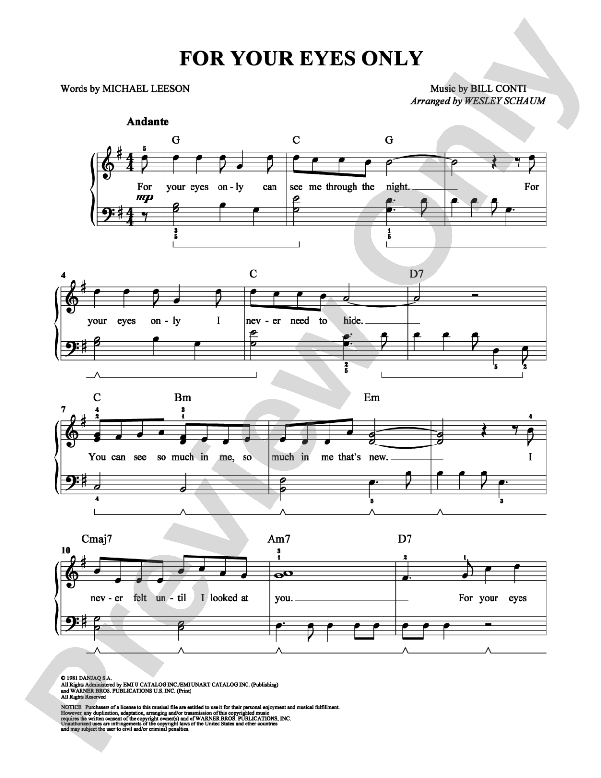 For Your Eyes Only: Easy Piano Digital Sheet Music