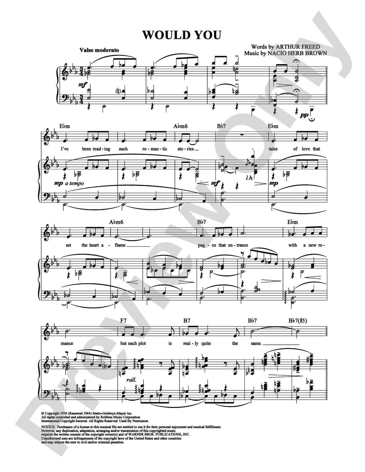 Would You: Piano/Vocal/Chords Digital Sheet Music