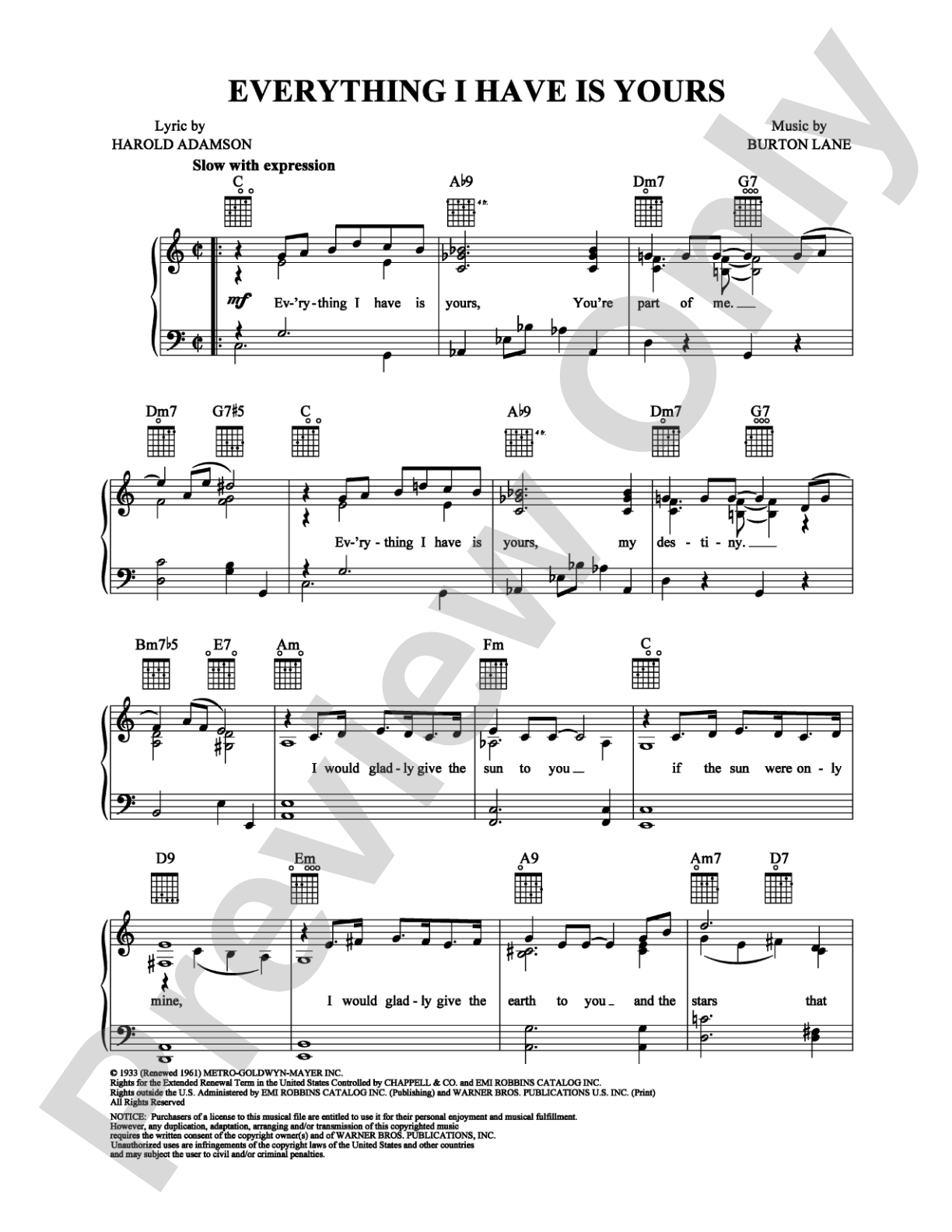 Everything I Have Is Yours: Piano/Vocal/Chords Digital Sheet Music