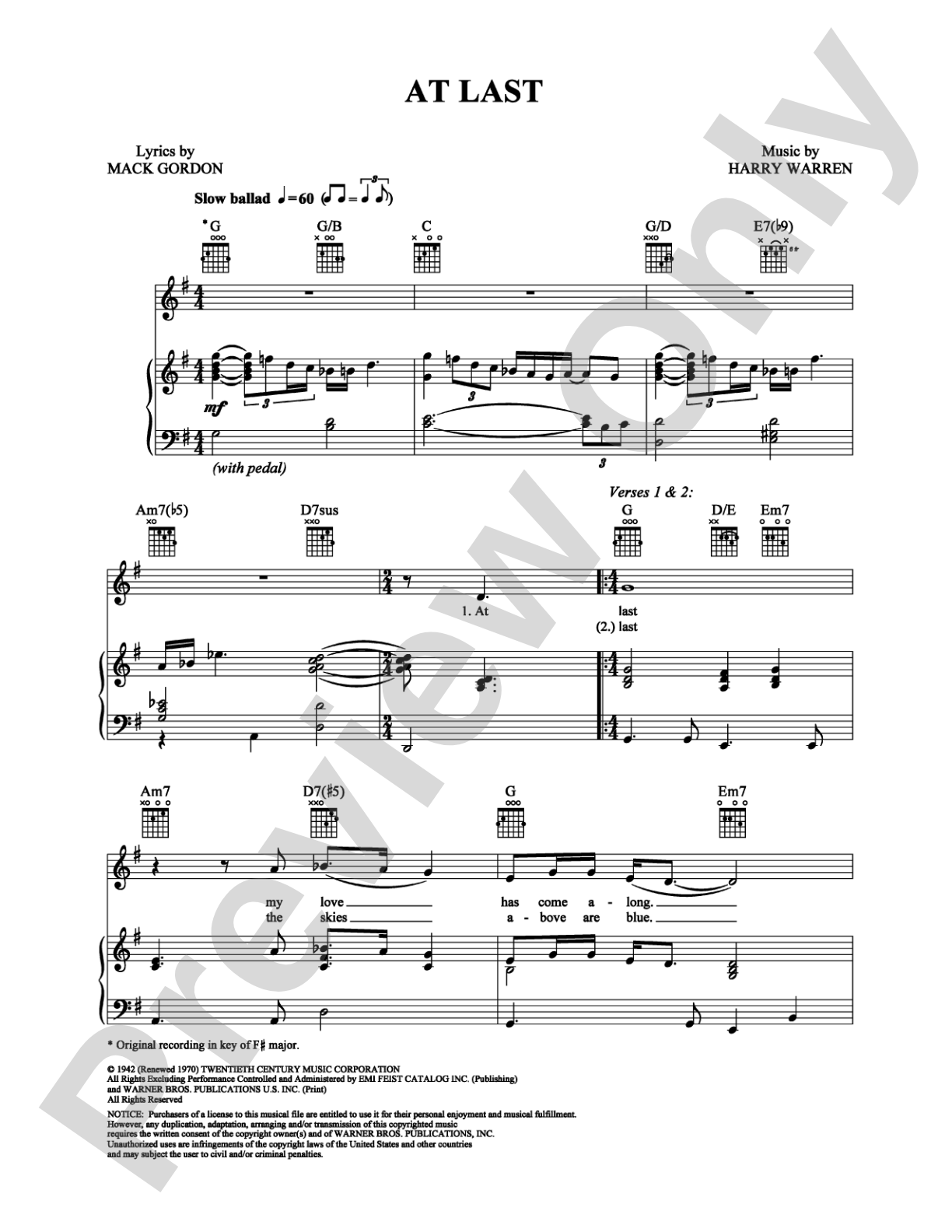 At Last: Piano/Vocal/Chords Digital Sheet Music