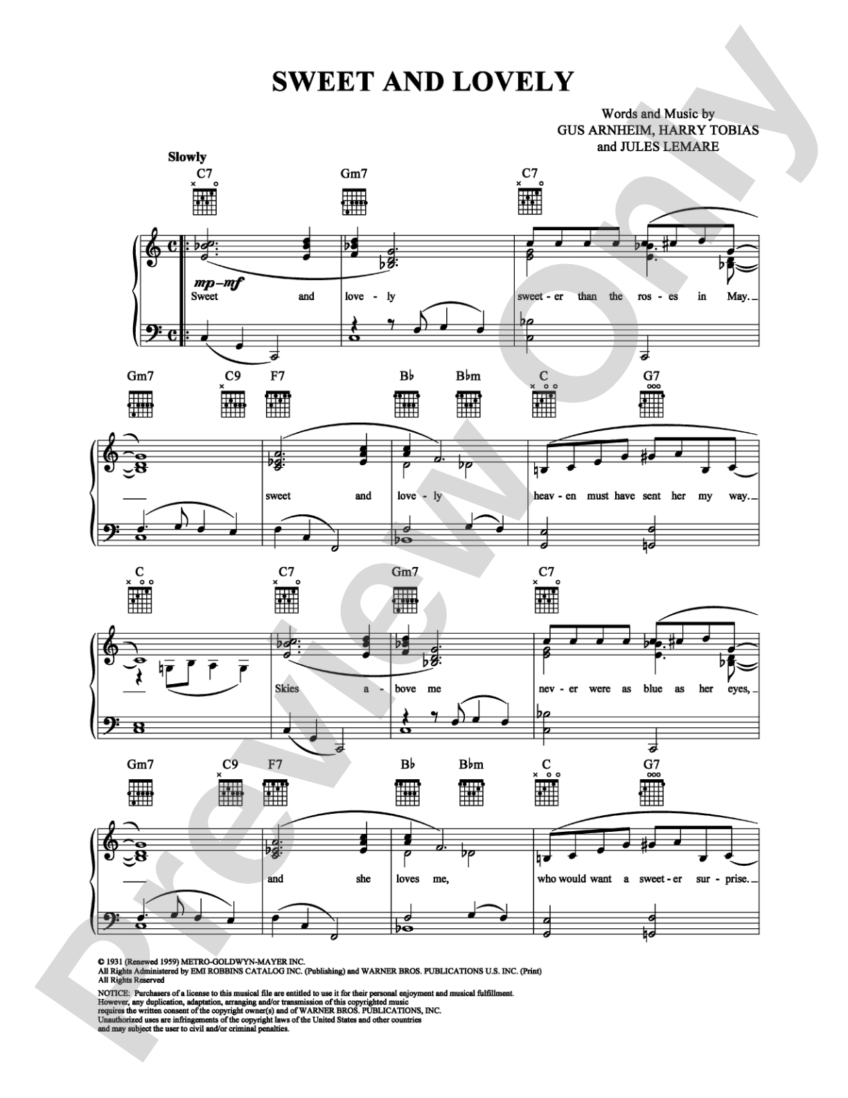 Sweet and Lovely: Piano/Vocal/Chords Digital Sheet Music