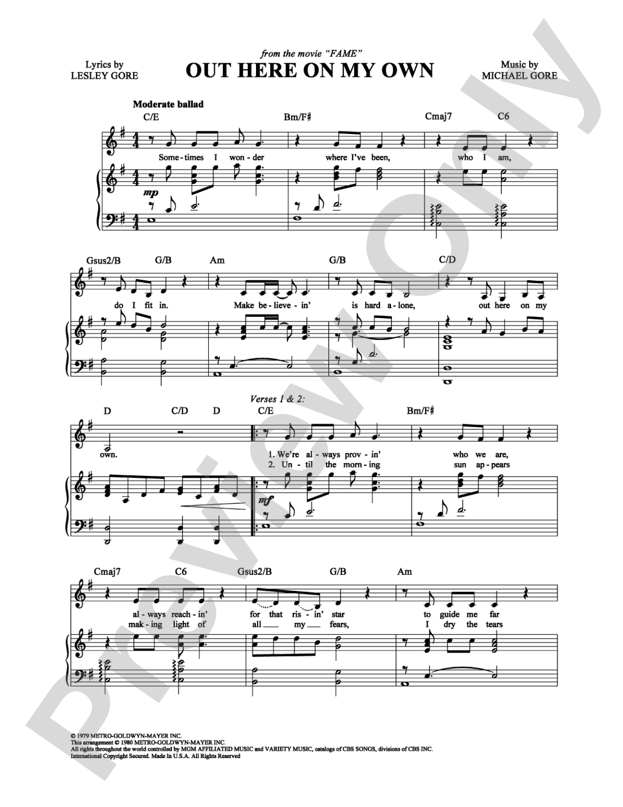 Out Here On My Own: Piano/Vocal/Chords Digital Sheet Music
