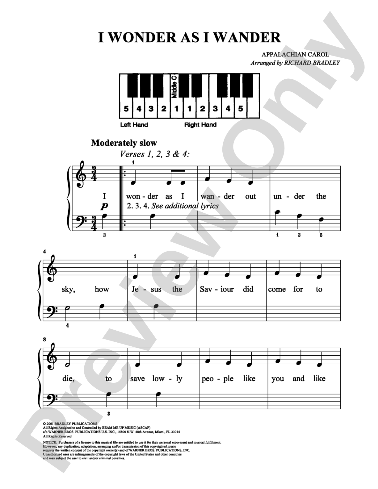 I Wonder as I Wander: Easy Piano Digital Sheet Music