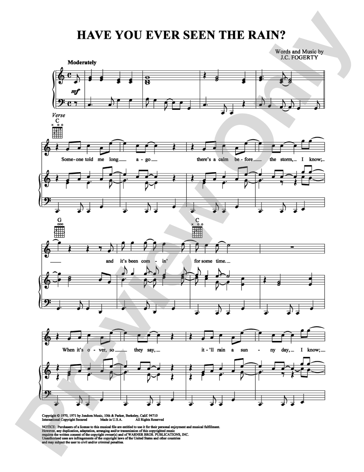 Have You Ever Seen the Rain?: Piano/Vocal/Chords Digital Sheet Music