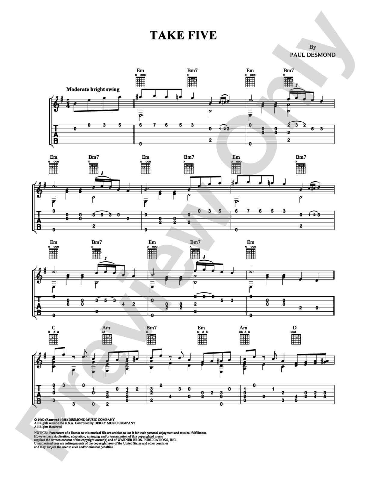 Take Five: Guitar TAB Digital Sheet Music