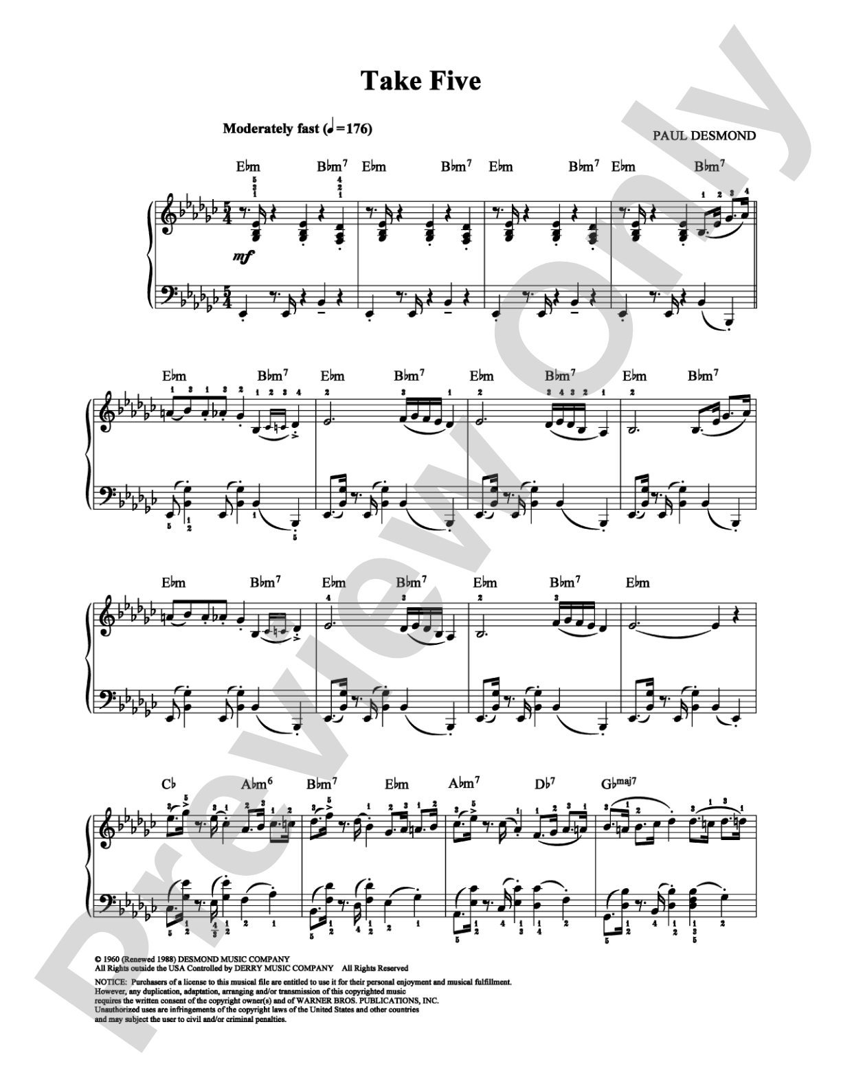 Take Five: Piano Digital Sheet Music