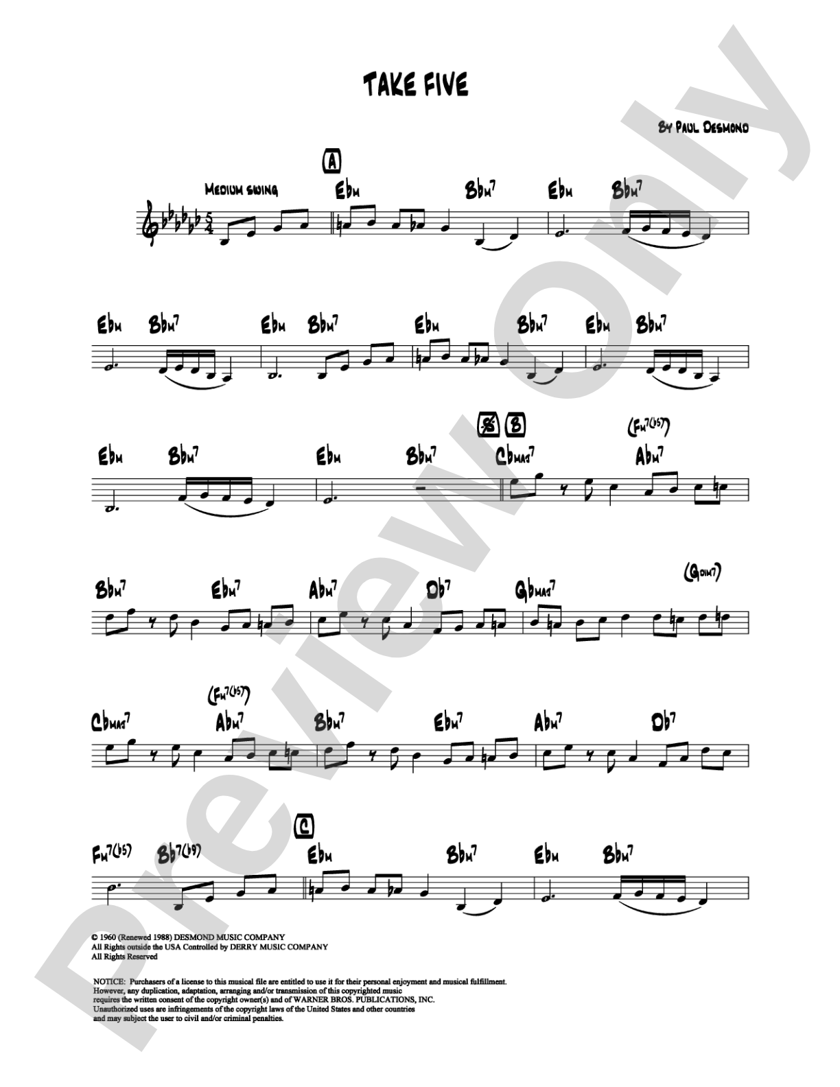 Take Five: Lead Sheet Digital Sheet Music