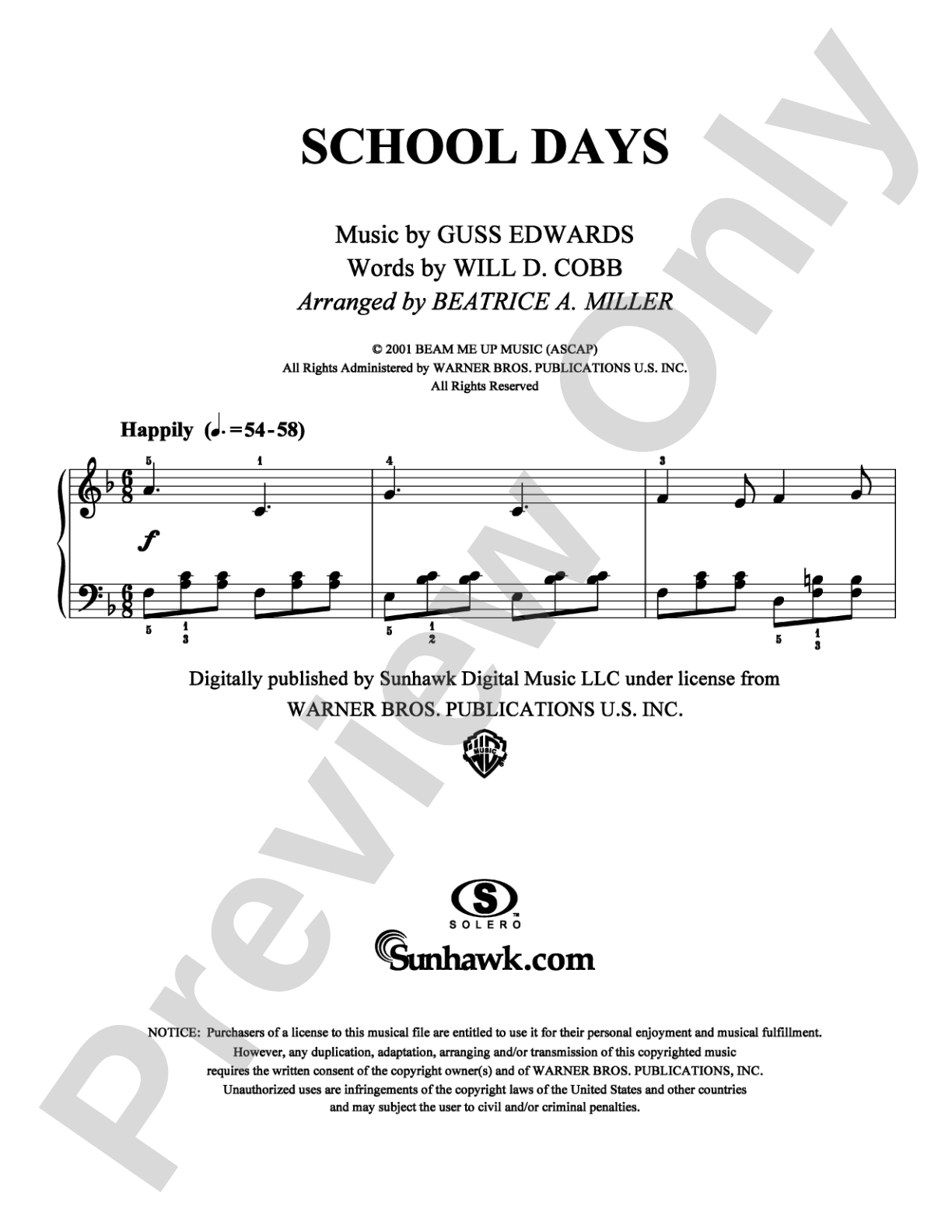 School Days: Piano Digital Sheet Music