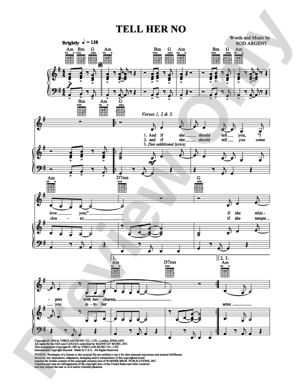 Tell Her No: Piano/Vocal/Chords Digital Sheet Music