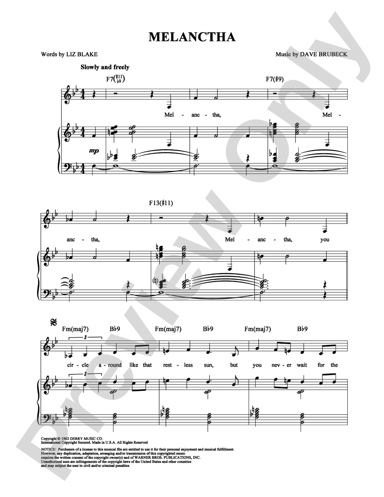 Melanctha: Piano/Vocal/Chords Digital Sheet Music