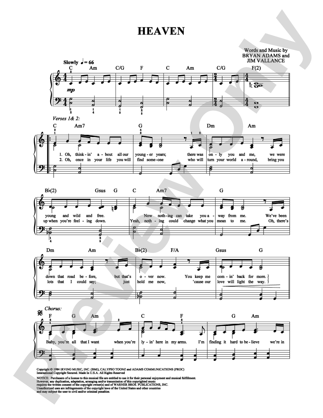 Heaven: Piano/Vocal/Chords Digital Sheet Music