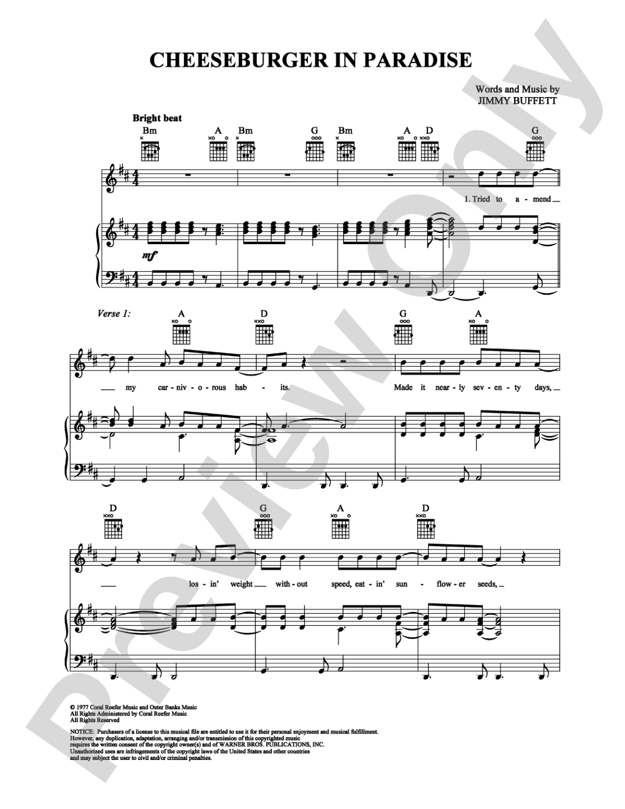 Cheeseburger in Paradise: Piano/Vocal/Chords Digital Sheet Music