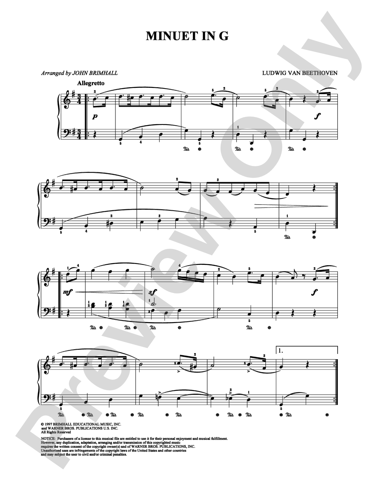 Minuet In G: Easy Piano Digital Sheet Music