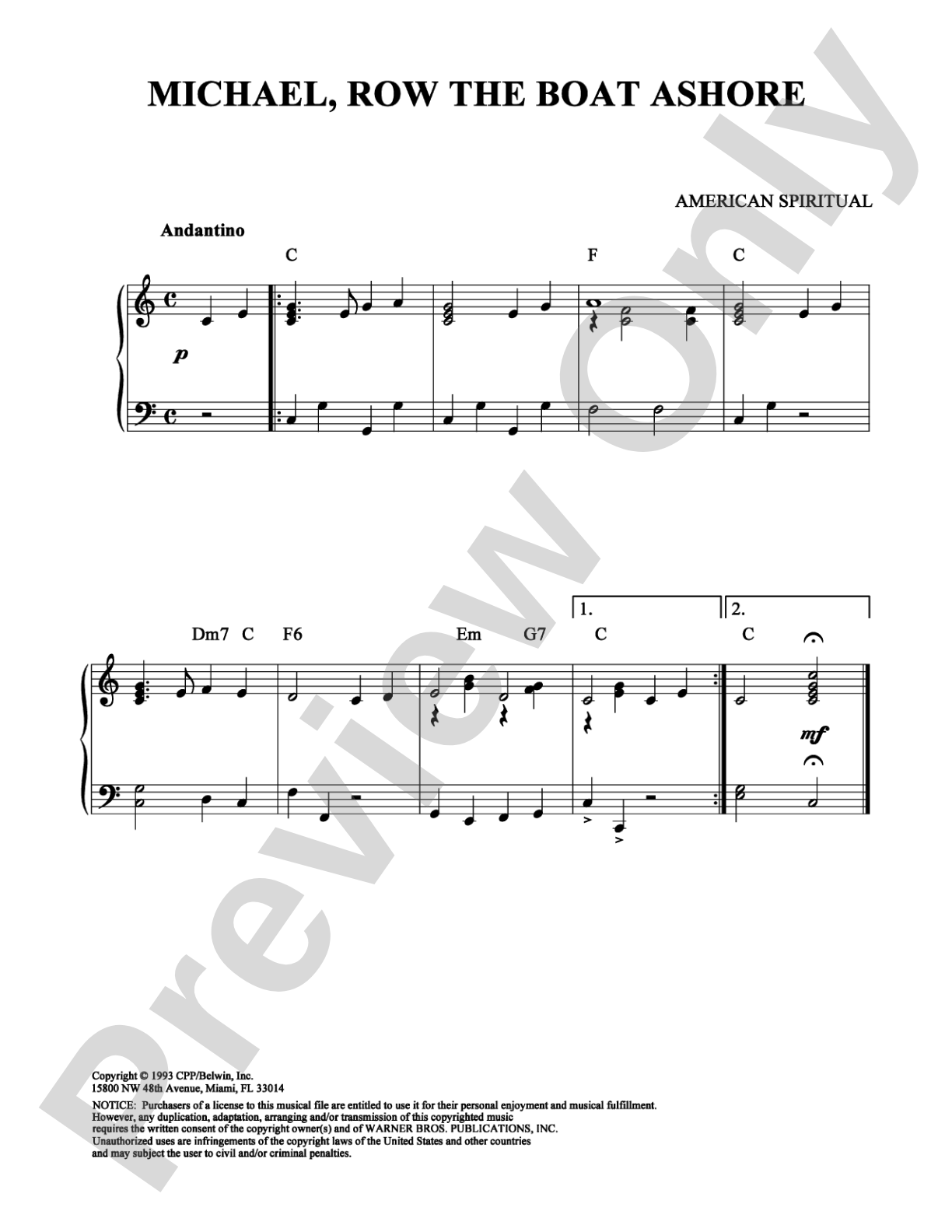 Michael, Row the Boat Ashore: Easy Piano Digital Sheet Music