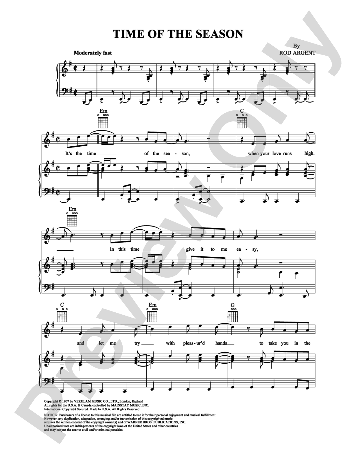 Time of the Season: Piano/Vocal/Chords Digital Sheet Music