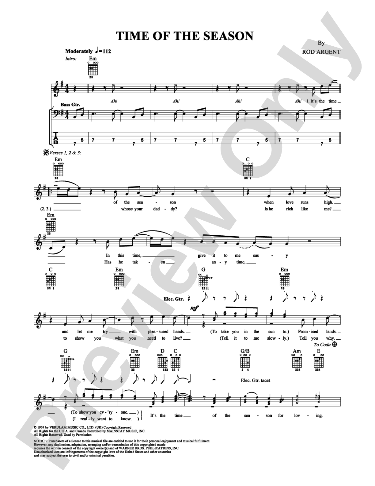 Time of the Season: Easy Guitar Digital Sheet Music