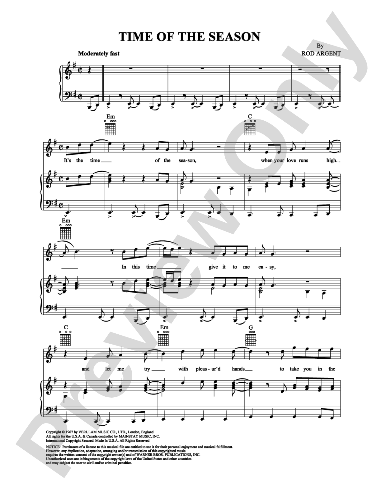Time of the Season: Piano/Vocal/Chords Digital Sheet Music