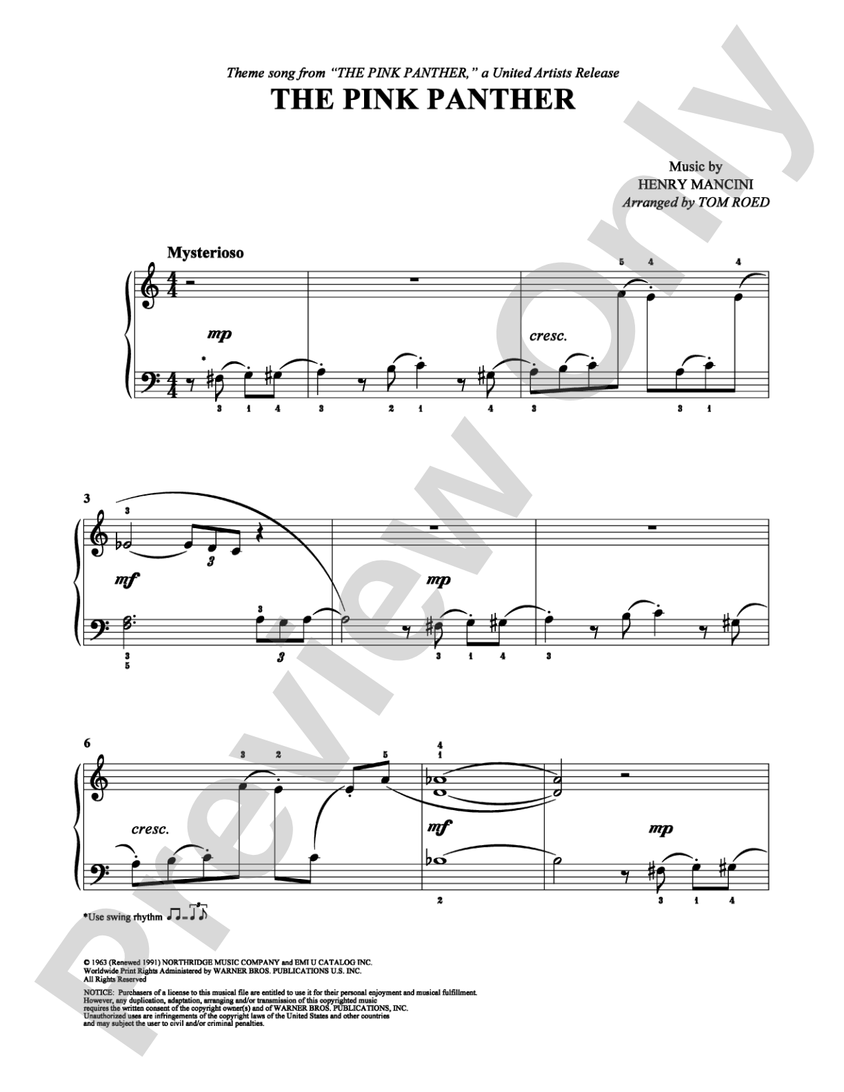 The Pink Panther: Easy Piano Digital Sheet Music