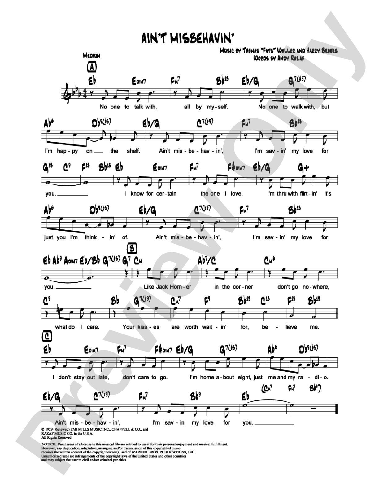 Ain't Misbehavin': Lead Sheet Digital Sheet Music
