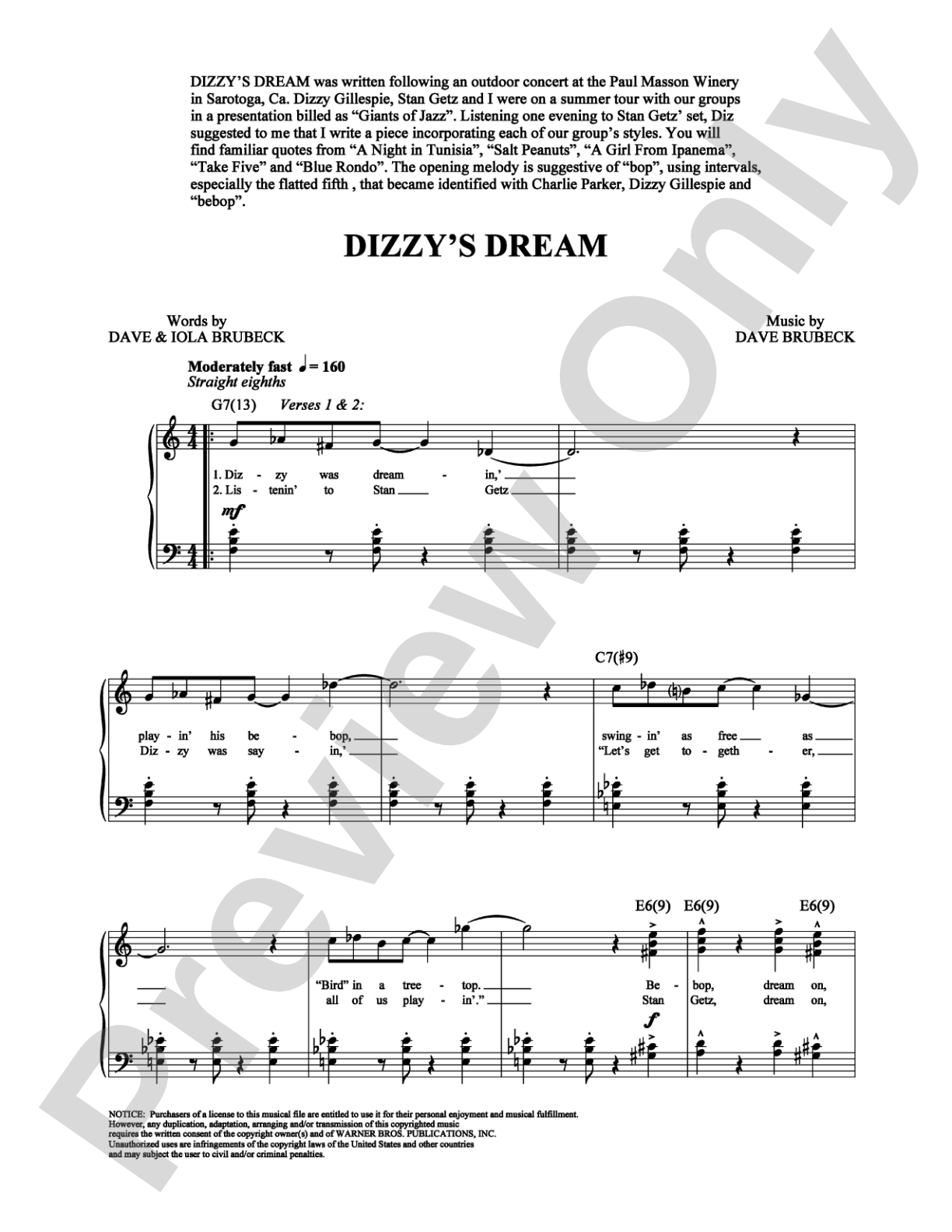Dizzy's Dream: Piano/Vocal/Chords Digital Sheet Music