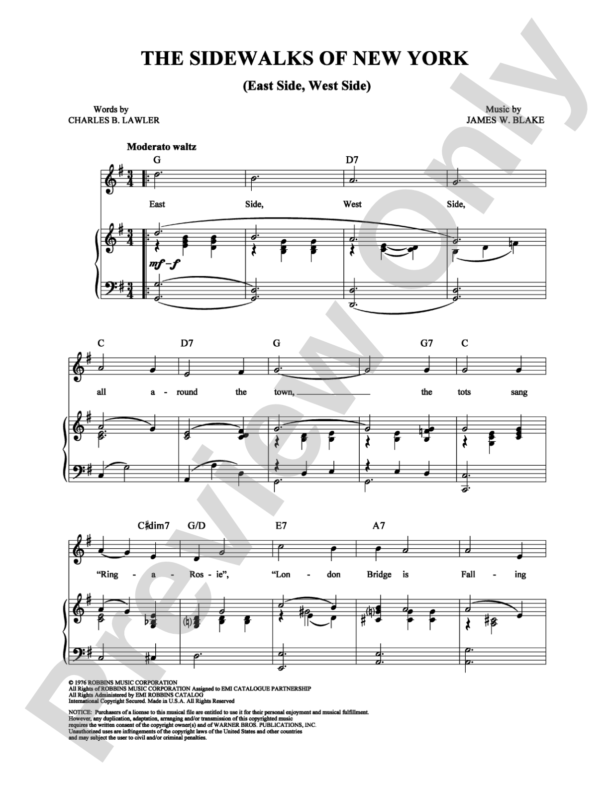 Sidewalks of New York (Eastside, Westside): Piano/Vocal/Chords Digital Sheet Music