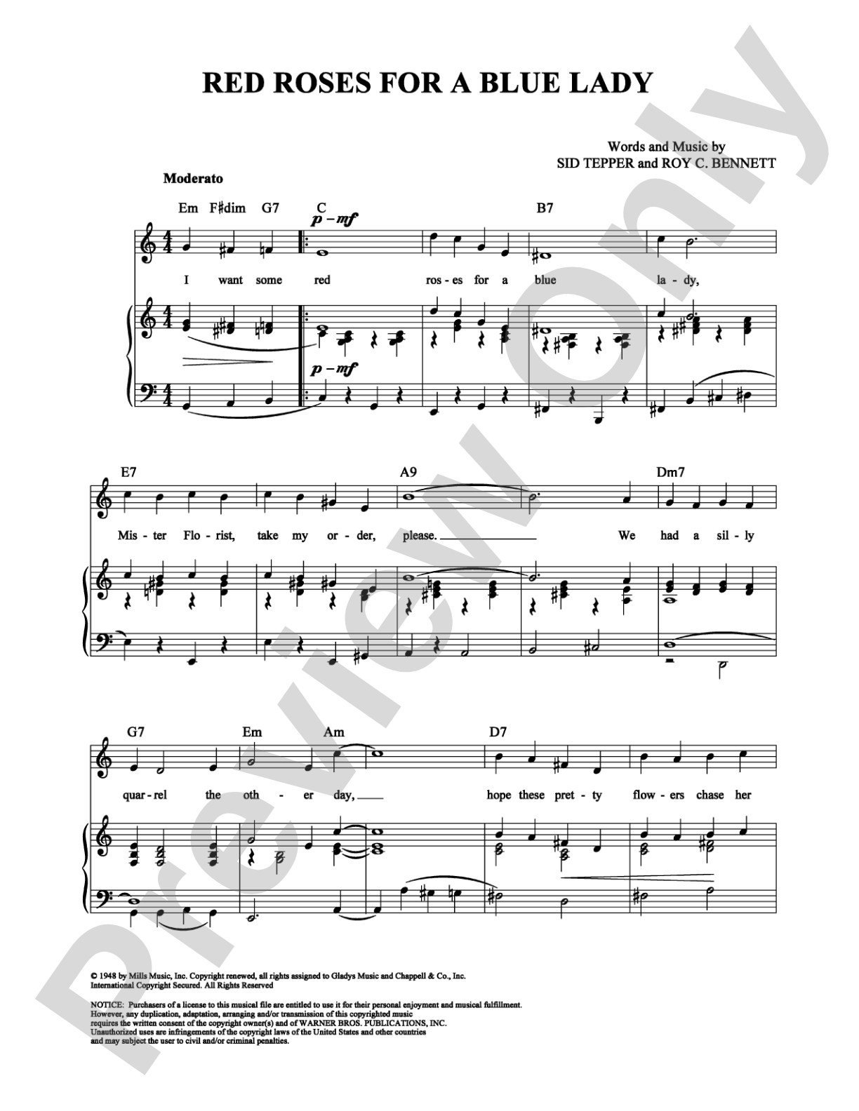 Red Roses for a Blue Lady: Piano/Vocal/Chords Digital Sheet Music