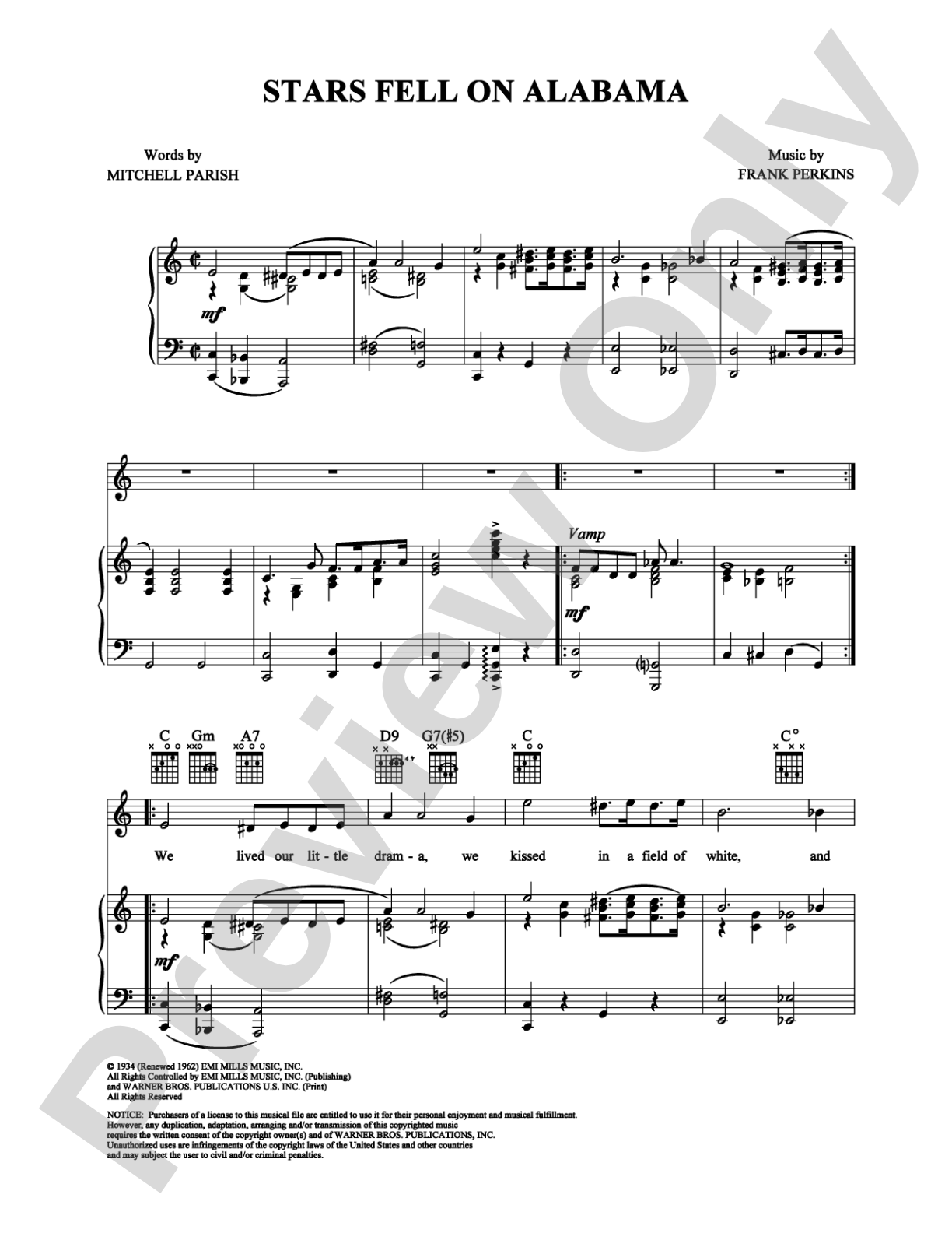 Stars Fell on Alabama: Piano/Vocal/Chords Digital Sheet Music
