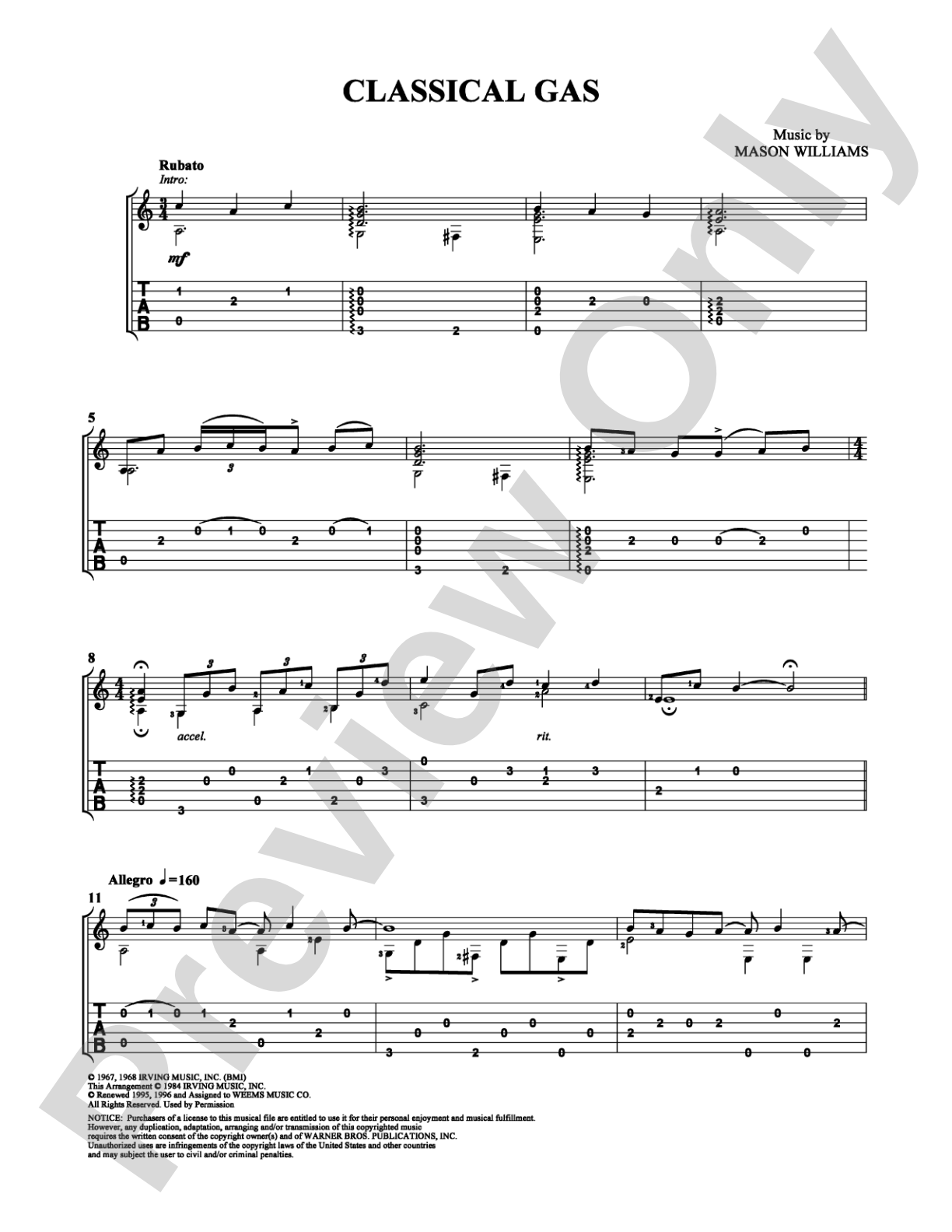 Classical Gas: Guitar TAB Digital Sheet Music