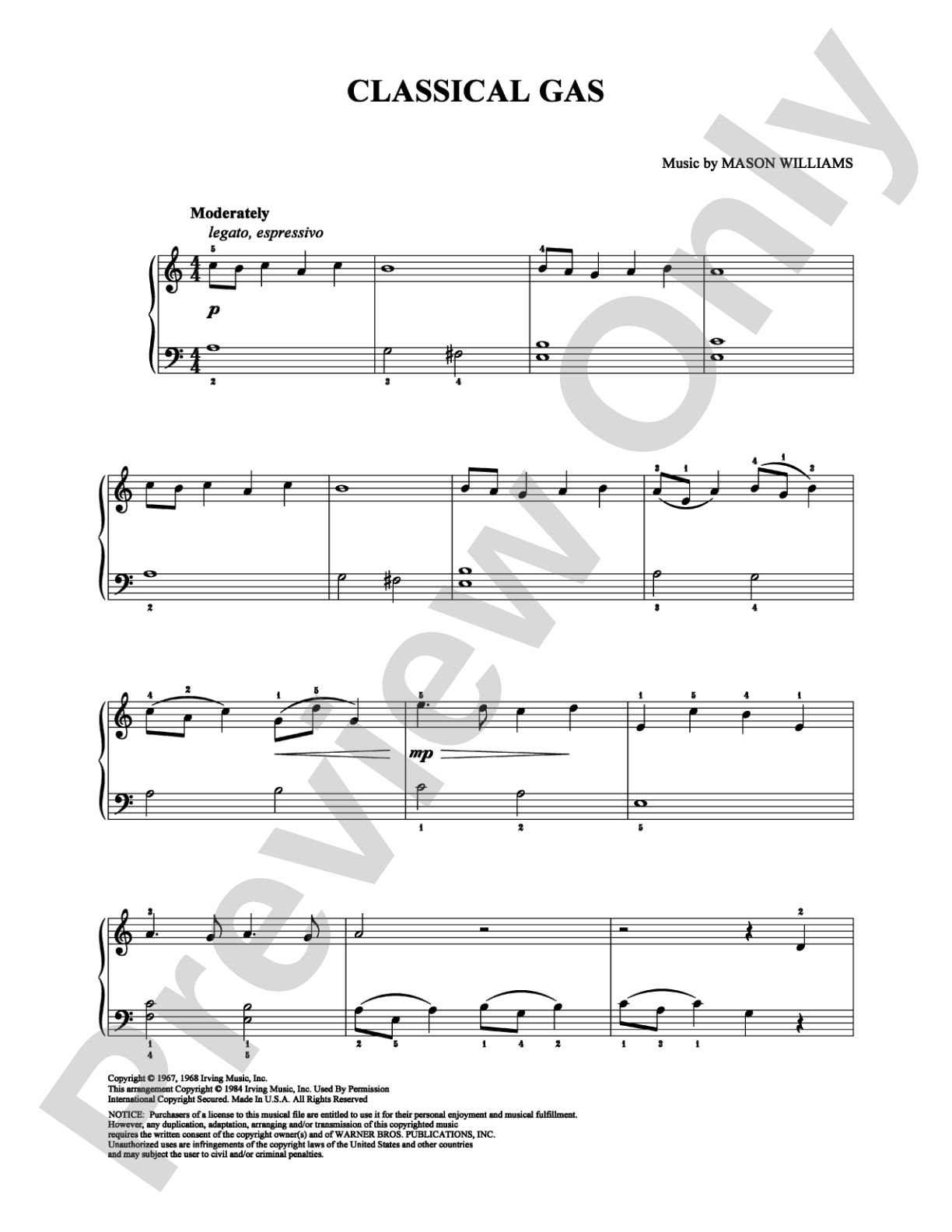 Classical Gas: Easy Piano Digital Sheet Music