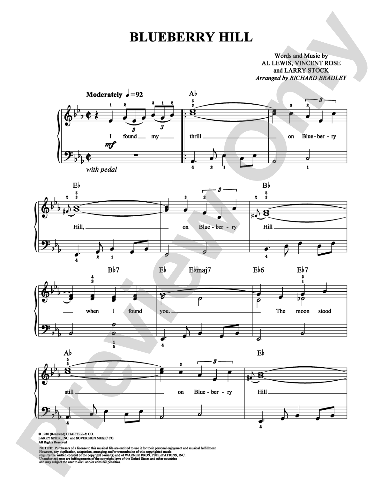Blueberry Hill: Easy Piano Digital Sheet Music